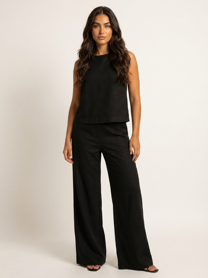 Linen-Look Two Piece Set – Sleeveless Top Wide Leg Pants Summer