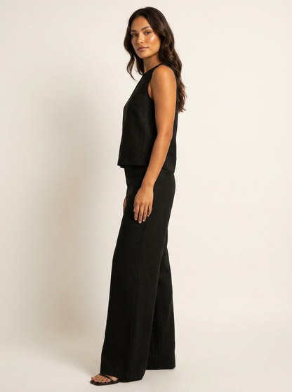 Linen-Look Two Piece Set – Sleeveless Top Wide Leg Pants Summer