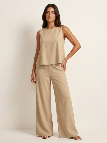 Linen-Look Two Piece Set – Sleeveless Top Wide Leg Pants Summer