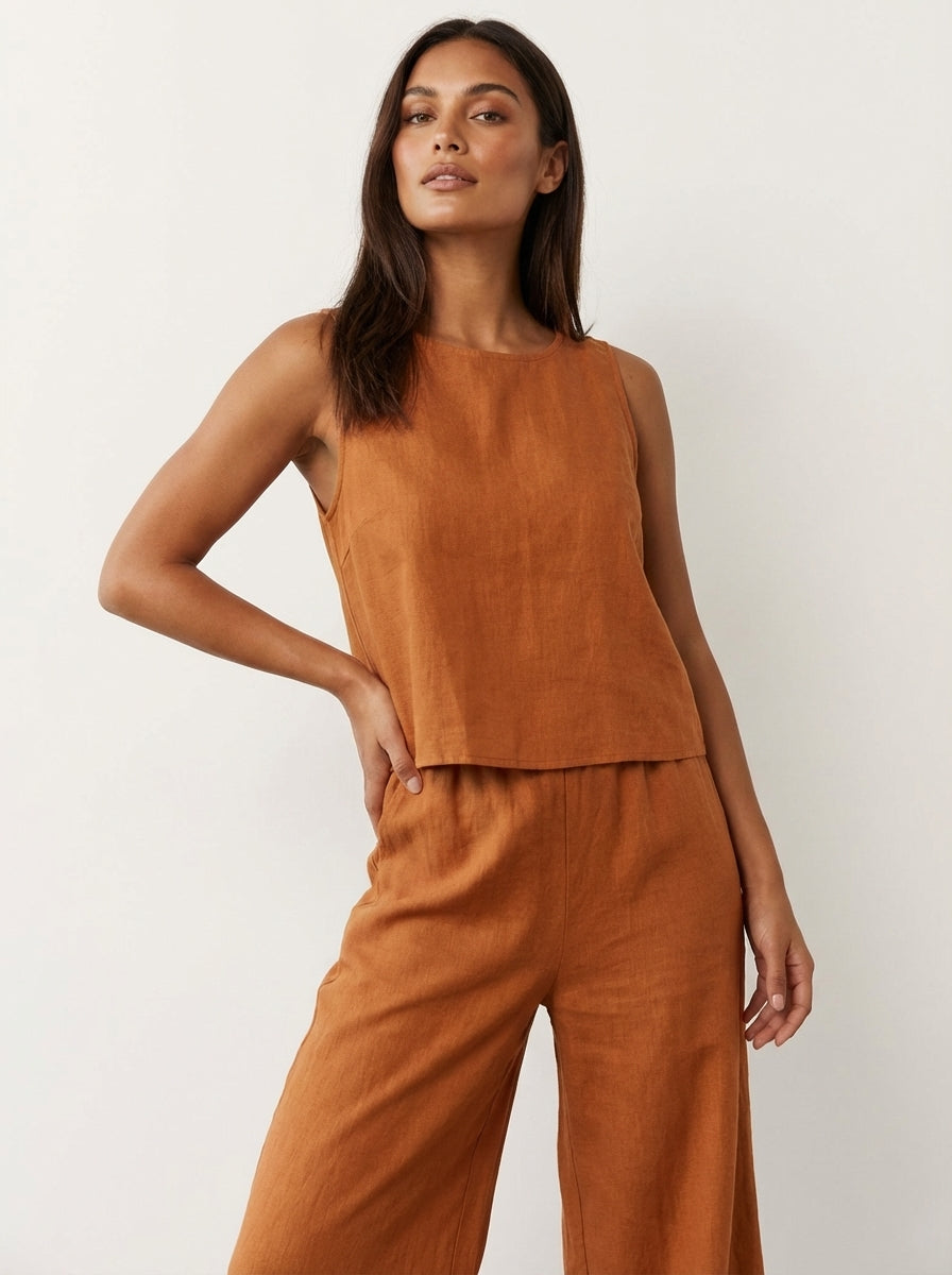 Linen-Look Two Piece Set – Sleeveless Top Wide Leg Pants Summer