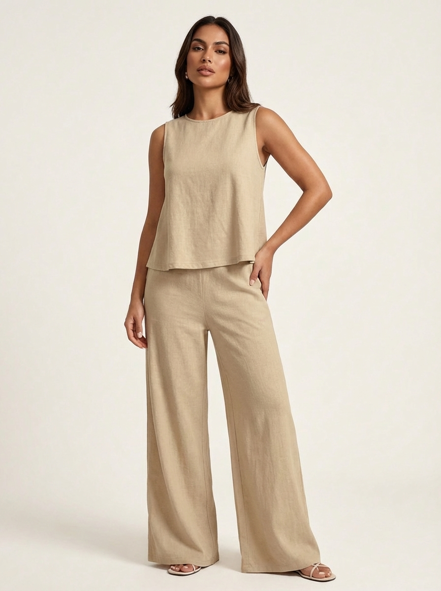 Linen-Look Two Piece Set – Sleeveless Top Wide Leg Pants Summer