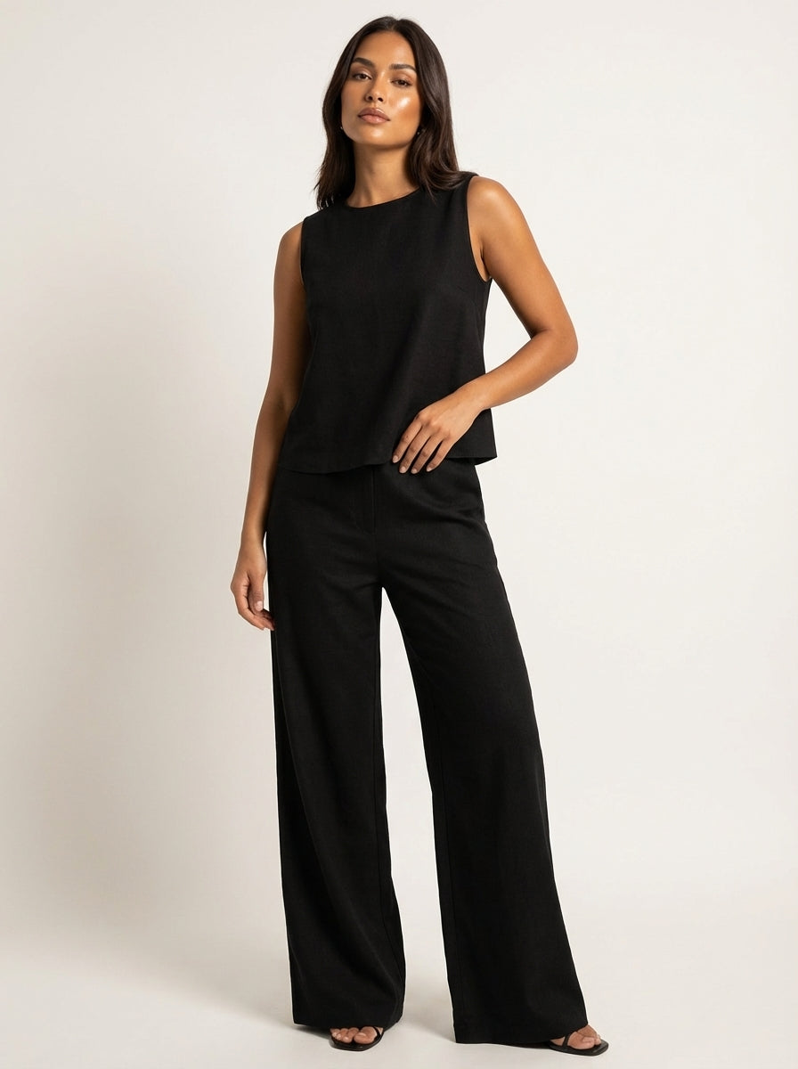 Linen-Look Two Piece Set – Sleeveless Top Wide Leg Pants Summer