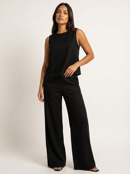 Linen-Look Two Piece Set – Sleeveless Top Wide Leg Pants Summer