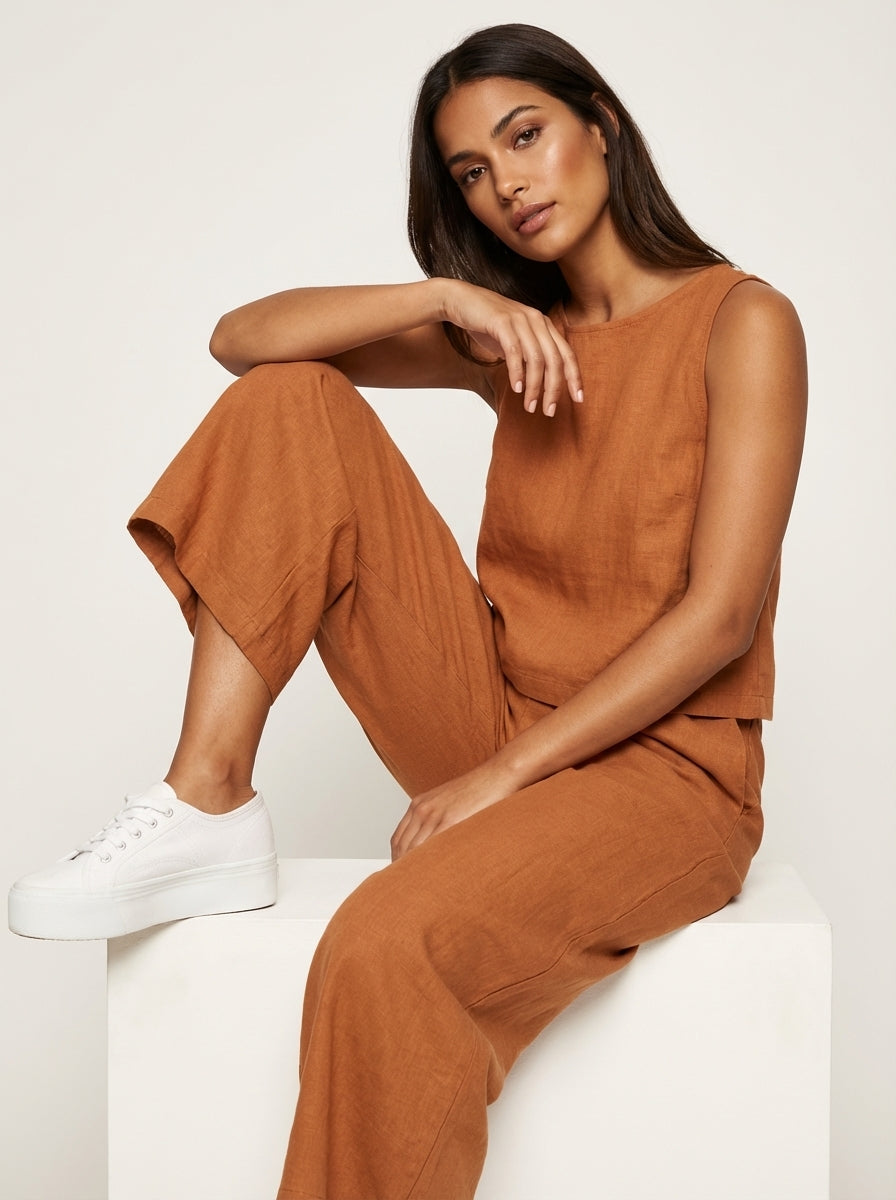 Linen-Look Two Piece Set – Sleeveless Top Wide Leg Pants Summer