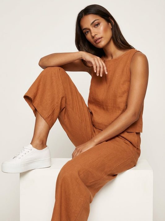 Linen-Look Two Piece Set – Sleeveless Top Wide Leg Pants Summer