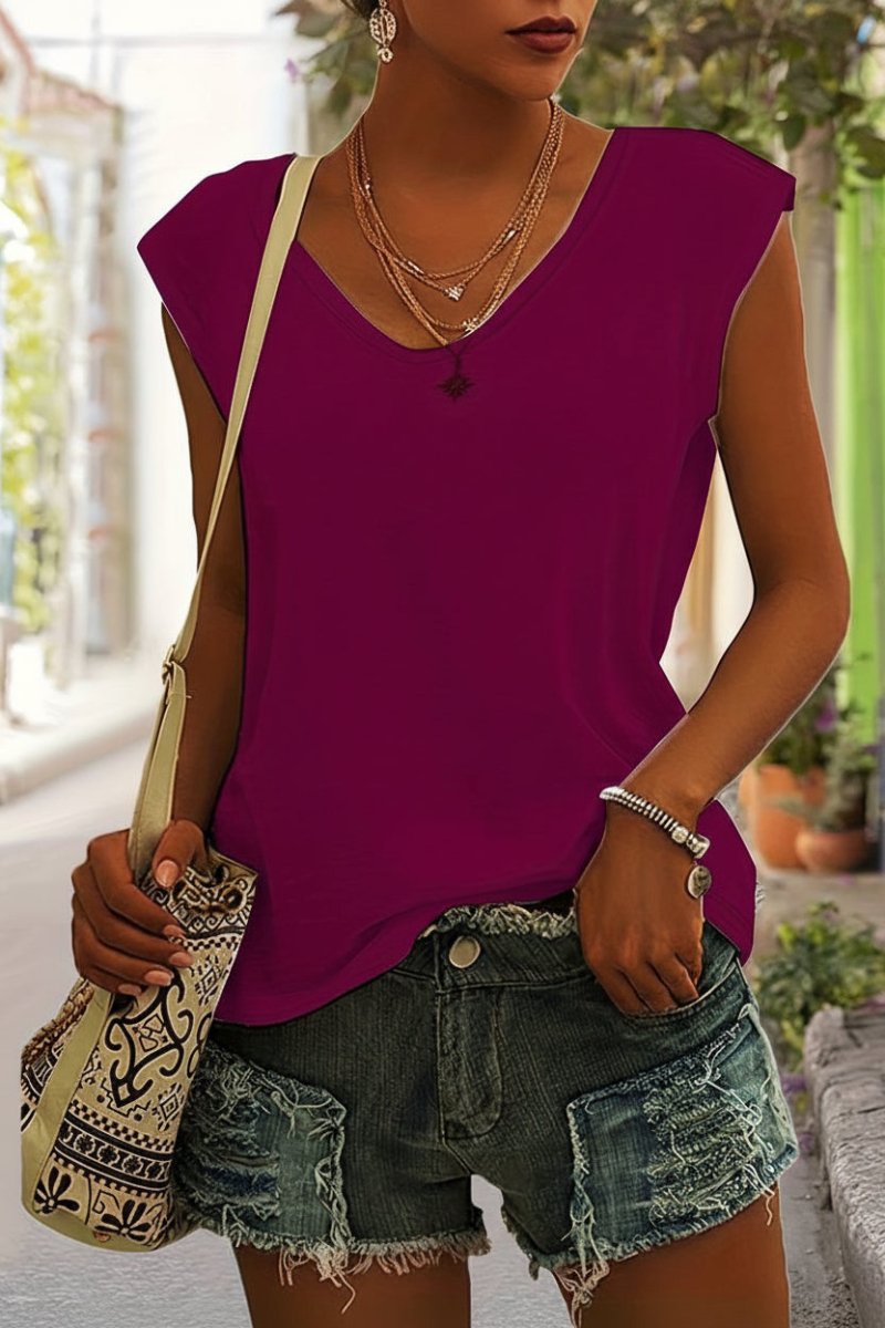 Relaxed V-Neck Cap Sleeve Top – Loose Fit Summer Tee