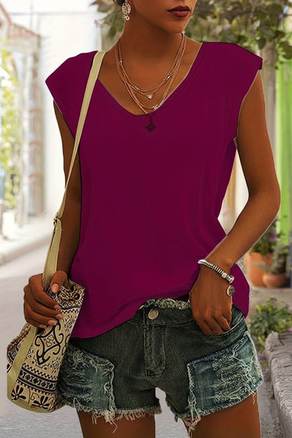 Relaxed V-Neck Cap Sleeve Top – Loose Fit Summer Tee