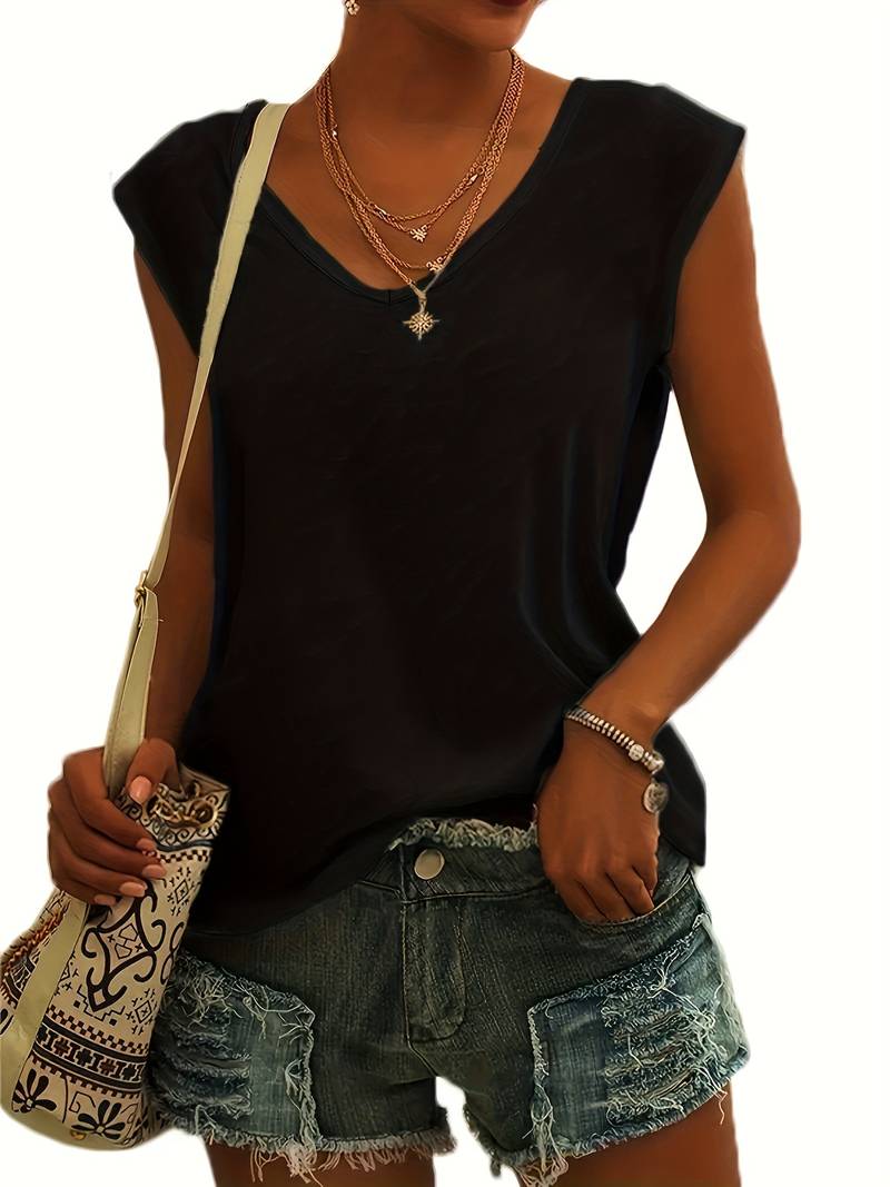Relaxed V-Neck Cap Sleeve Top – Loose Fit Summer Tee