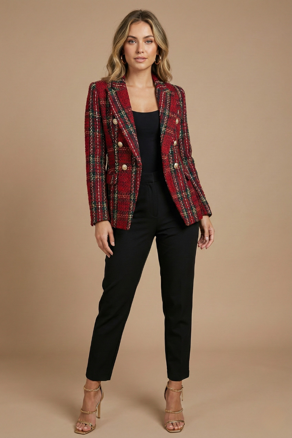 Plaid Tweed Double-Breasted Blazer – Women's Slim Fit Notch Lapel