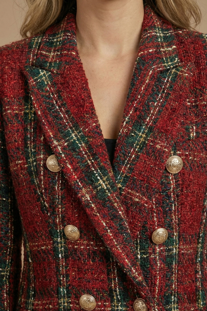Plaid Tweed Double-Breasted Blazer – Women's Slim Fit Notch Lapel