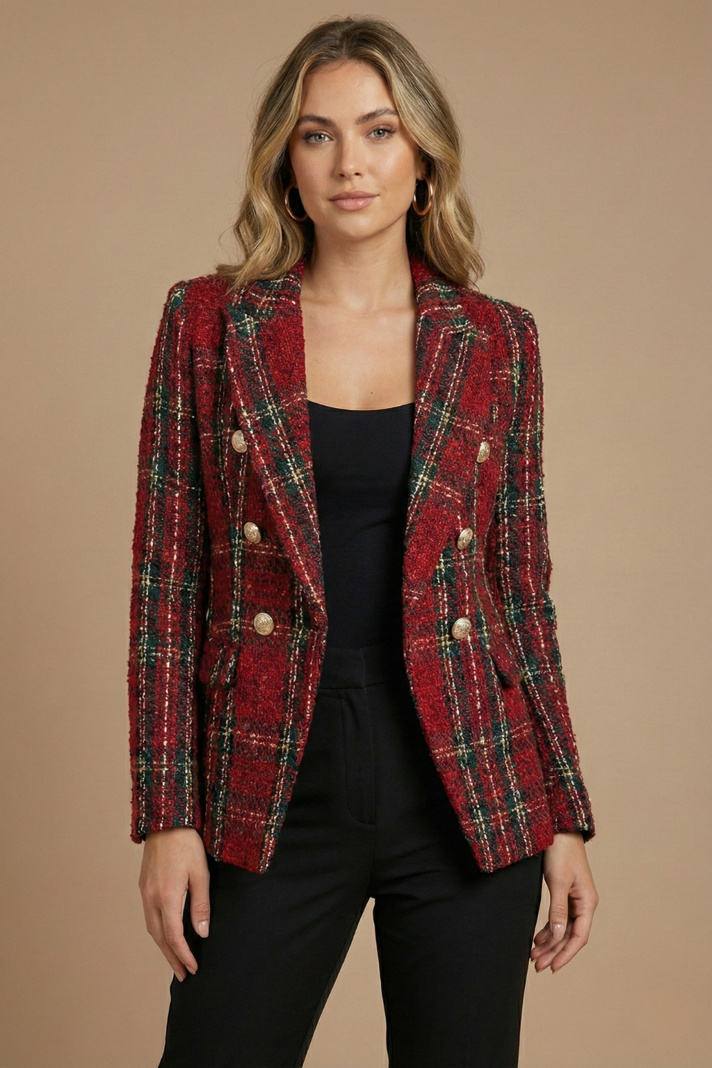 Plaid Tweed Double-Breasted Blazer – Women's Slim Fit Notch Lapel