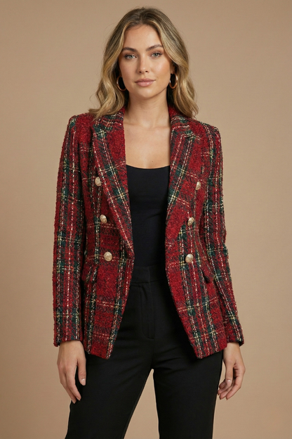 Plaid Tweed Double-Breasted Blazer – Women's Slim Fit Notch Lapel