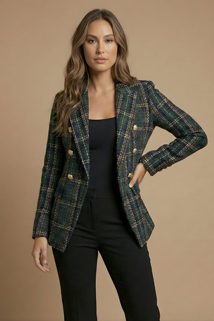Plaid Tweed Double-Breasted Blazer – Women's Slim Fit Notch Lapel