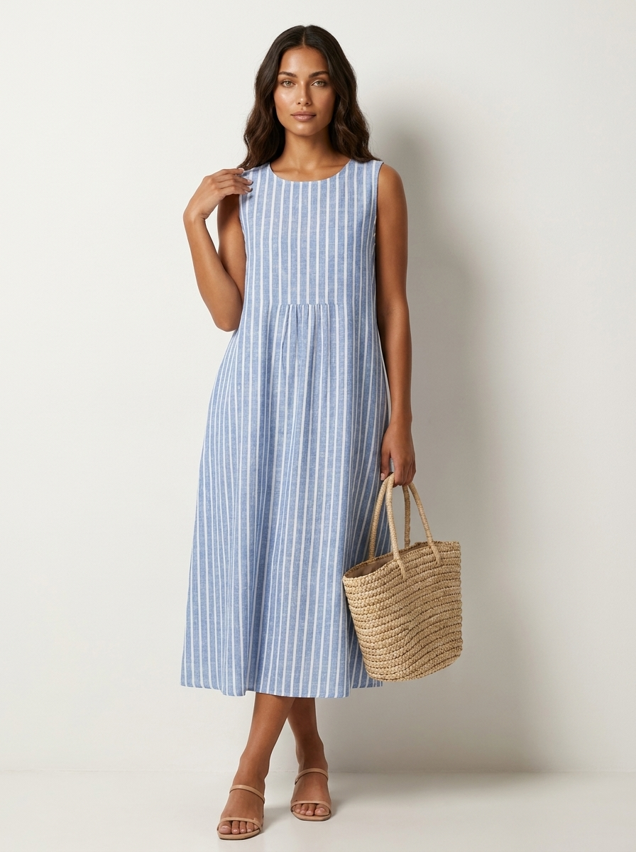 Women's Printed Midi Dress – Sleeveless Flowy Summer Dress with Pockets