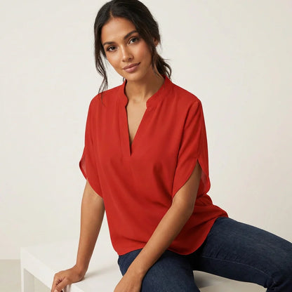 Women's V-Neck Summer Blouse – Flowy Short Sleeve Lightweight Top