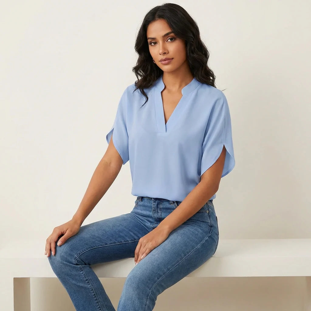 Women's V-Neck Summer Blouse – Flowy Short Sleeve Lightweight Top