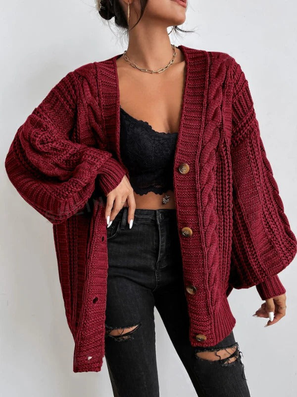 Chunky Cable Knit Cardigan – Oversized Button-Front Balloon Sleeve