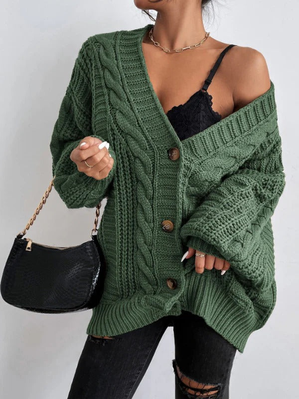 Chunky Cable Knit Cardigan – Oversized Button-Front Balloon Sleeve