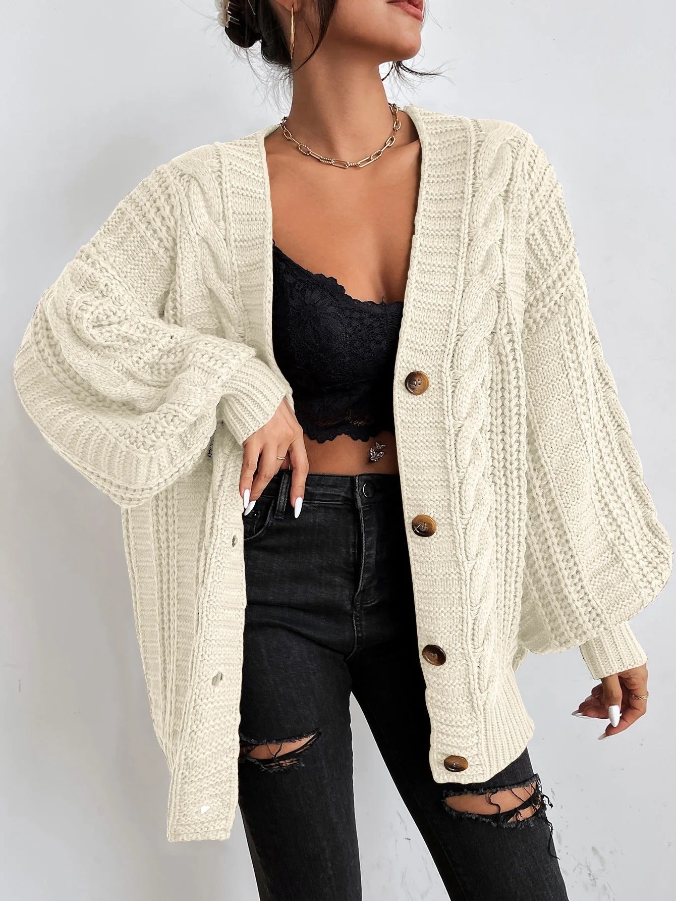Chunky Cable Knit Cardigan – Oversized Button-Front Balloon Sleeve