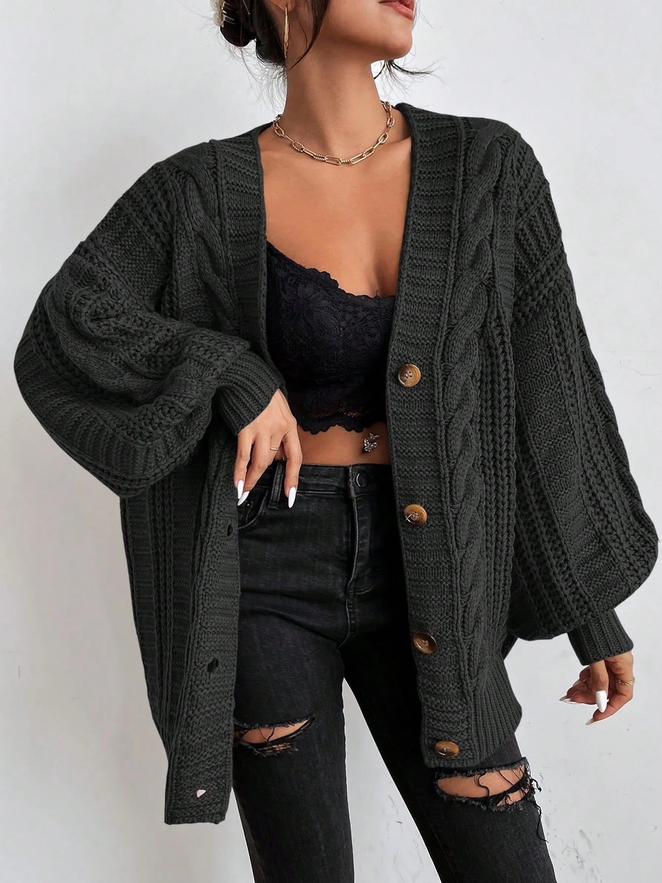 Chunky Cable Knit Cardigan – Oversized Button-Front Balloon Sleeve