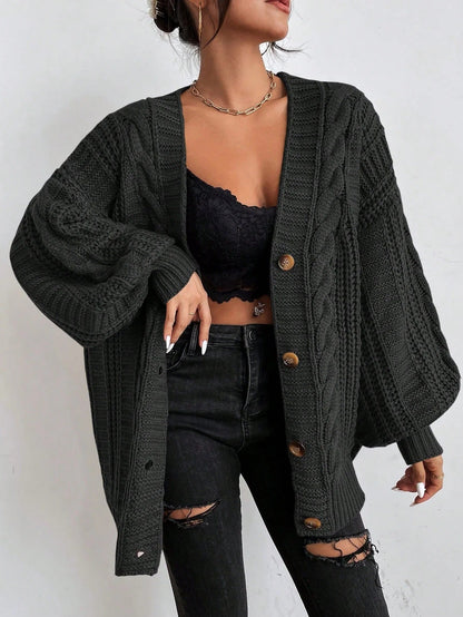 Chunky Cable Knit Cardigan – Oversized Button-Front Balloon Sleeve