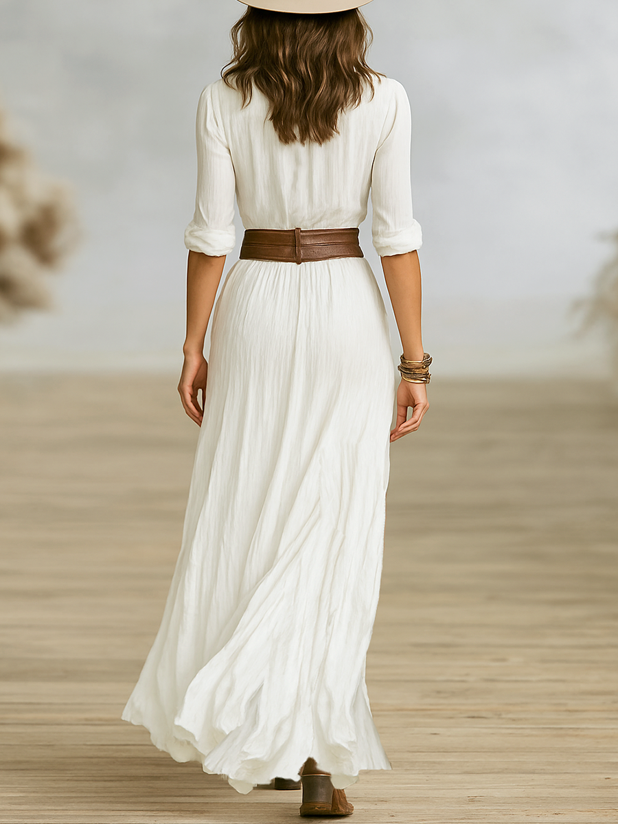 Ruched Button-Front Maxi Dress – Belted Long Sleeve High Slit Boho