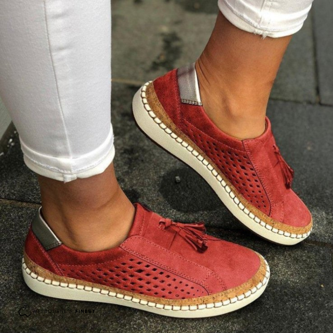 Perforated Suede Slip-On Sneakers – Tassel Detail Cork Sole