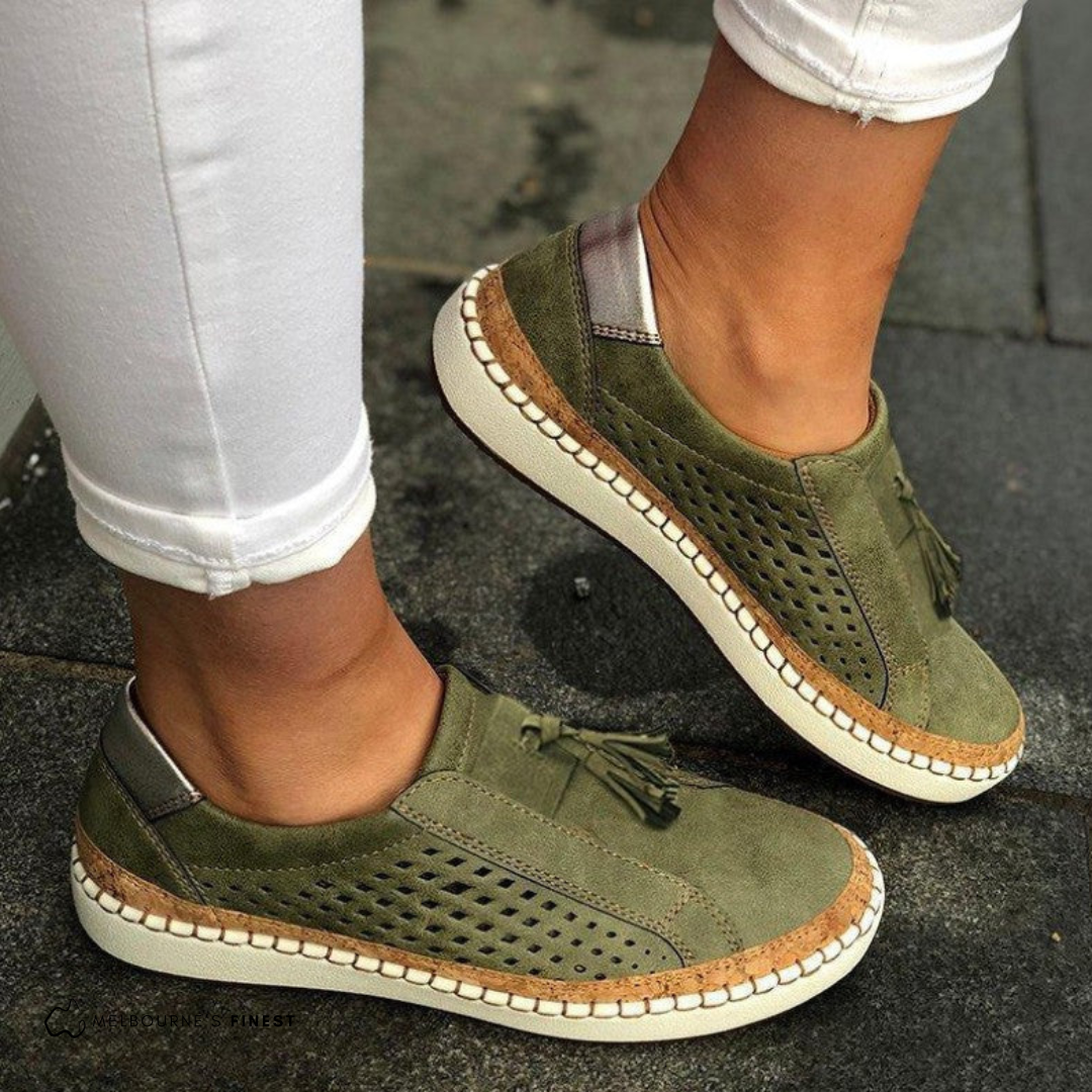 Perforated Suede Slip-On Sneakers – Tassel Detail Cork Sole