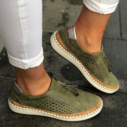 Perforated Suede Slip-On Sneakers – Tassel Detail Cork Sole