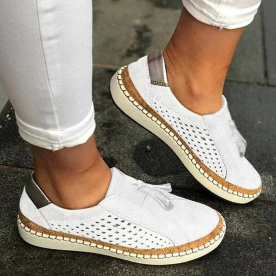 Perforated Suede Slip-On Sneakers – Tassel Detail Cork Sole