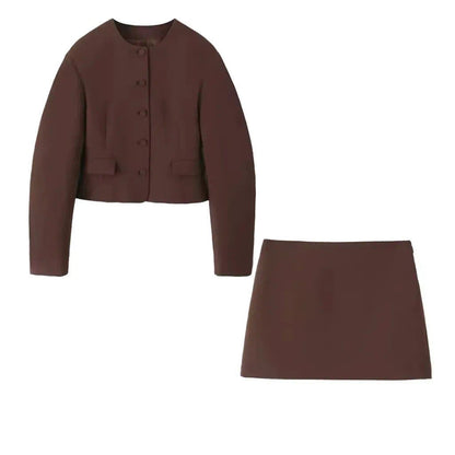 Button-Front Blazer Mini Skirt Set – Two-Piece Co-ord in Brown