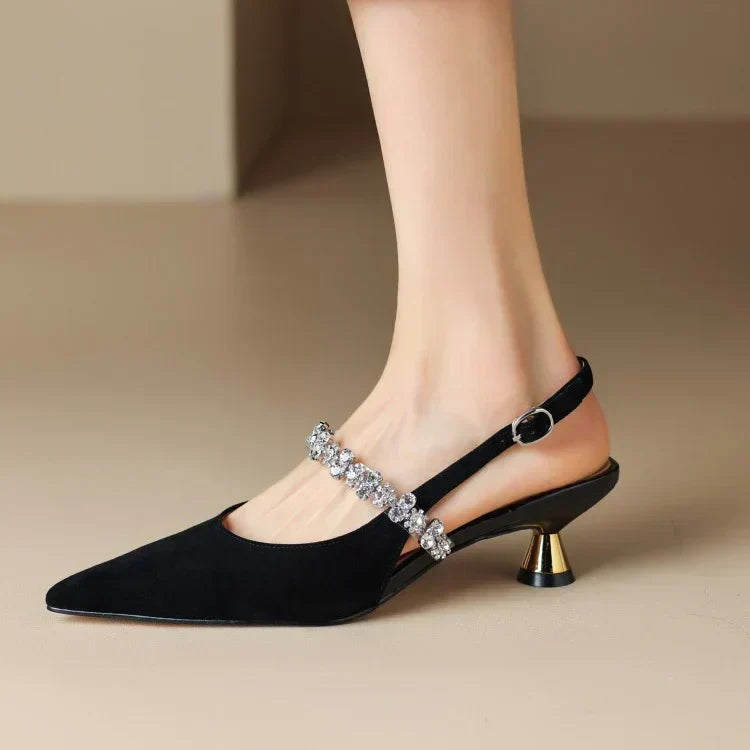 Rhinestone Slingback Heels – Pointed Toe Crystal Strap Pumps