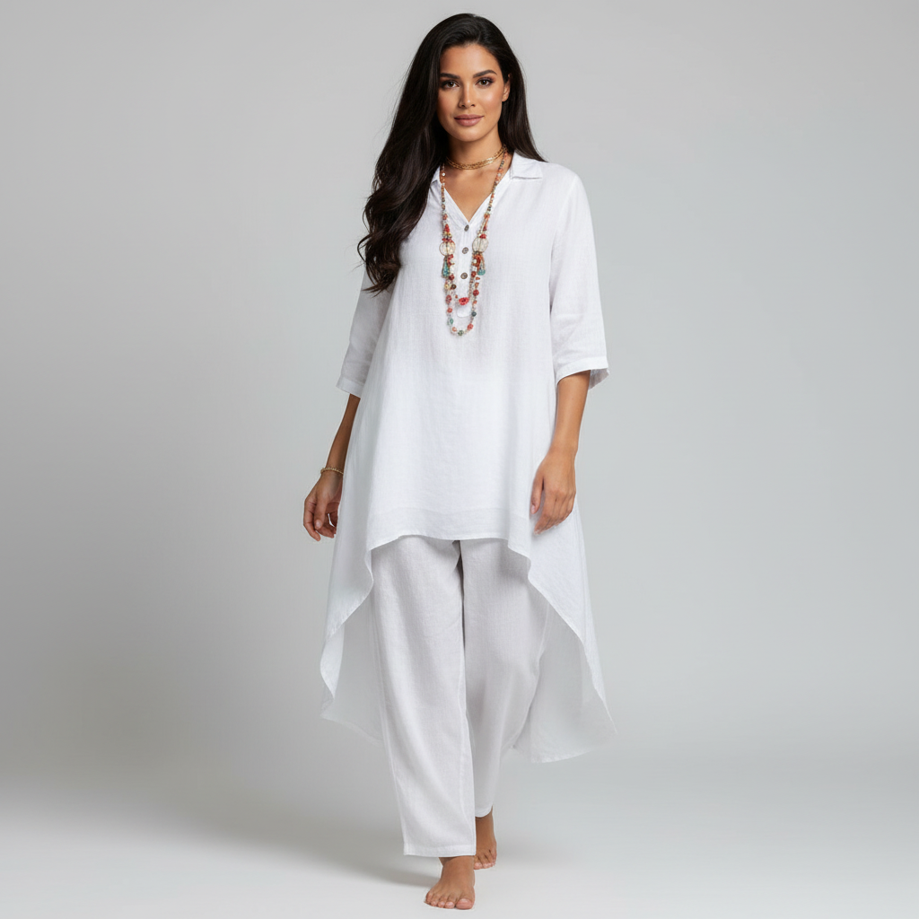 Linen Two-Piece Set – Asymmetric Hem Tunic Wide Leg Pants Boho