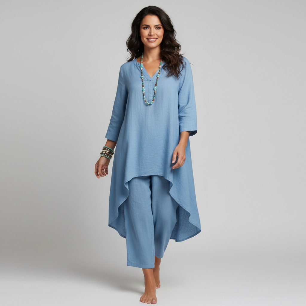 Linen Two-Piece Set – Asymmetric Hem Tunic Wide Leg Pants Boho
