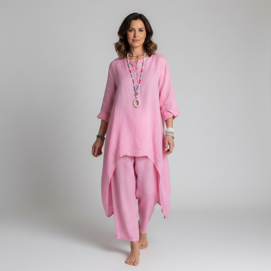 Linen Two-Piece Set – Asymmetric Hem Tunic Wide Leg Pants Boho