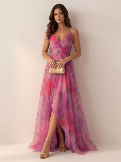 Women's Watercolor Floral Maxi Dress – Spaghetti Strap V-Neck with Slit