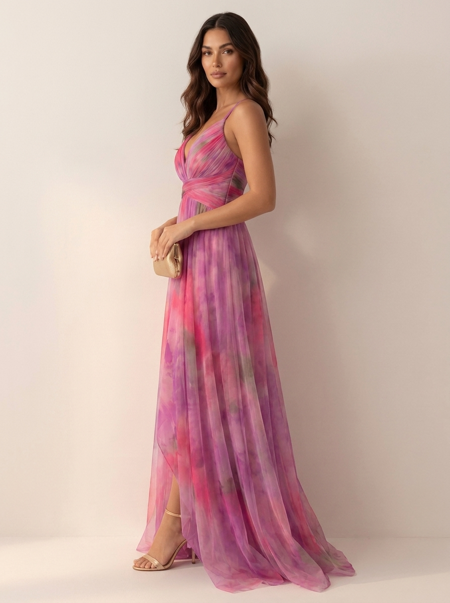 Women's Watercolor Floral Maxi Dress – Spaghetti Strap V-Neck with Slit