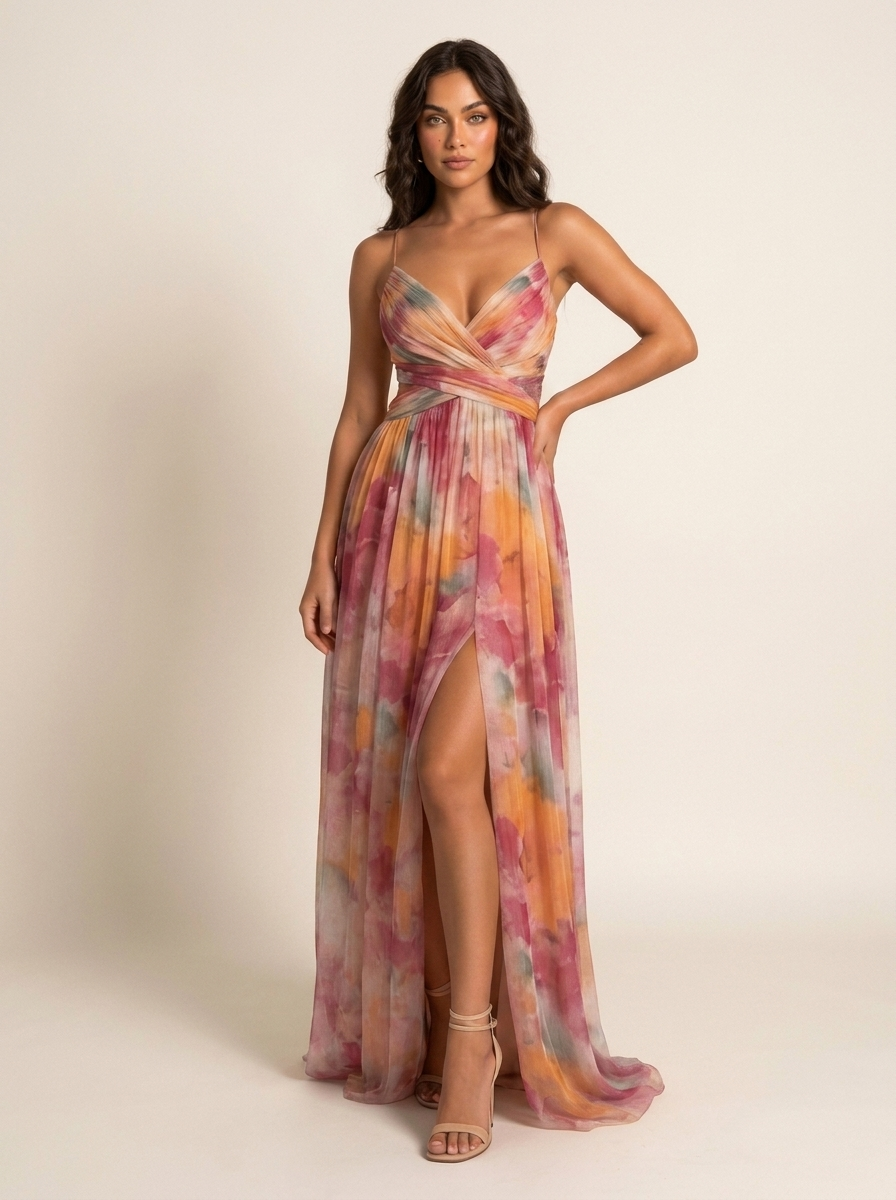 Women's Watercolor Floral Maxi Dress – Spaghetti Strap V-Neck with Slit