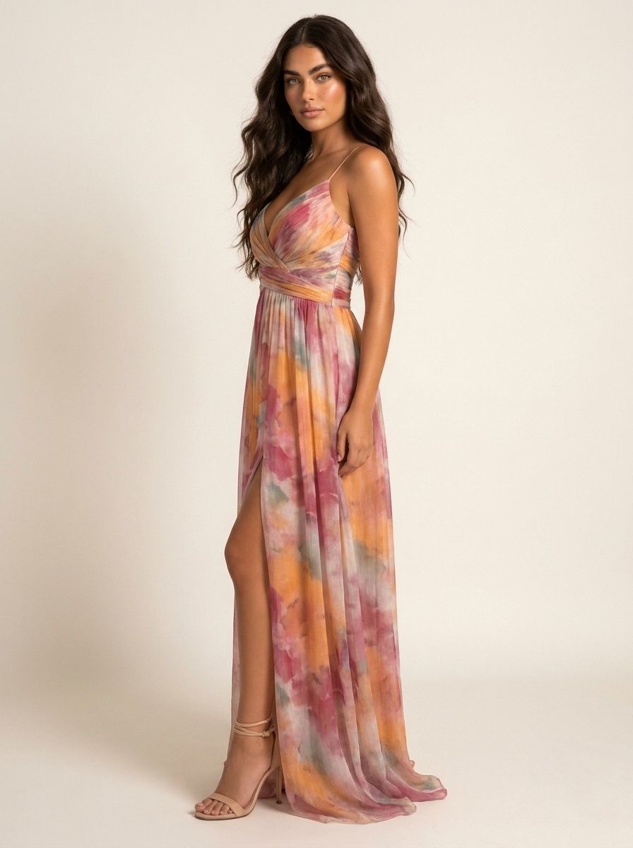 Women's Watercolor Floral Maxi Dress – Spaghetti Strap V-Neck with Slit
