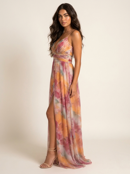 Watercolor Print Chiffon Maxi Dress – V-Neck Spaghetti Strap Slit