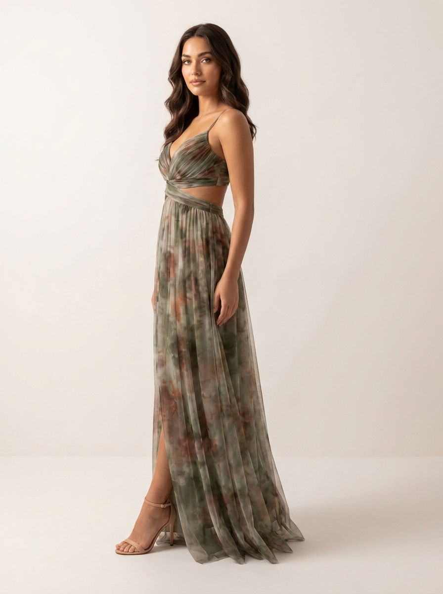 Women's Watercolor Floral Maxi Dress – Spaghetti Strap V-Neck with Slit