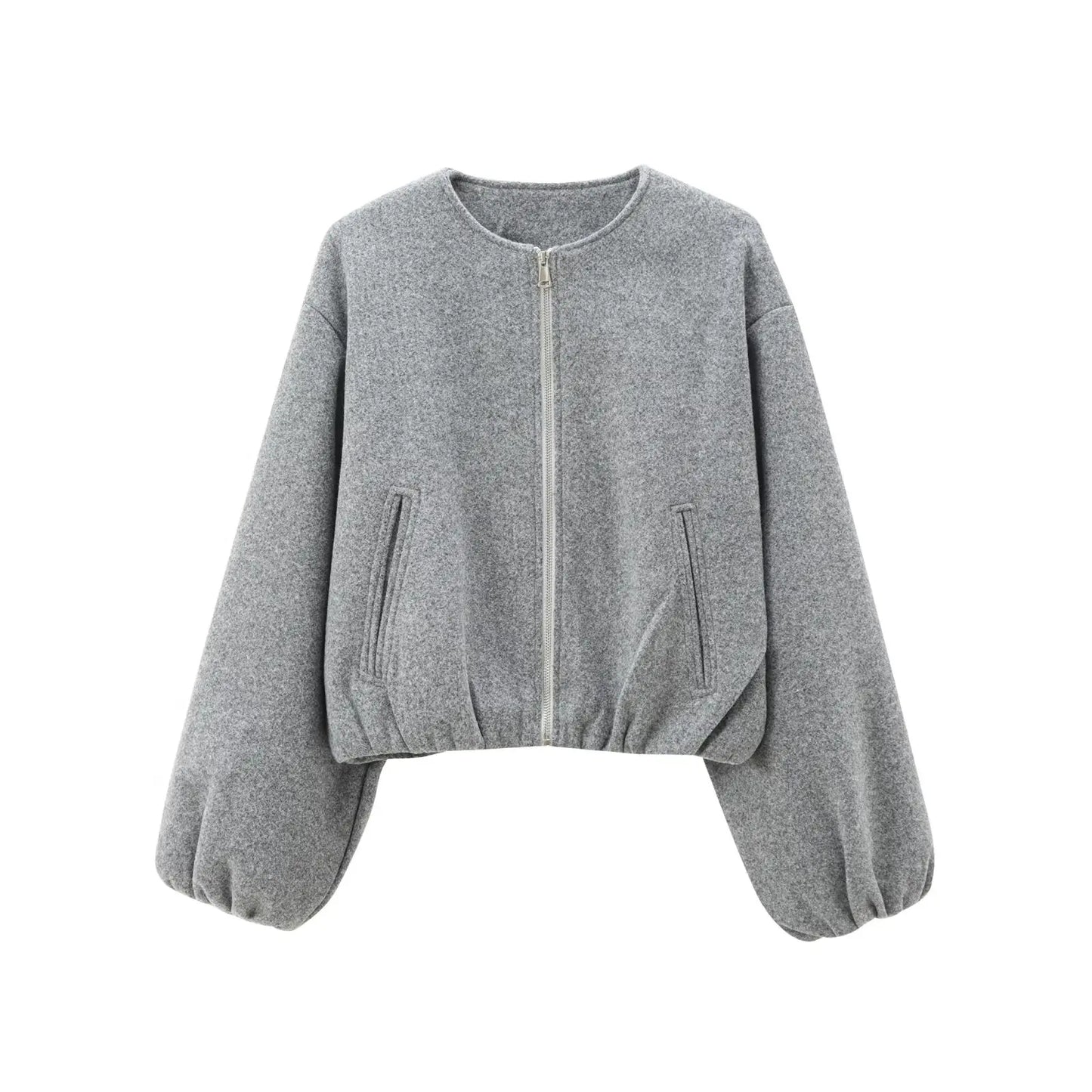 Cropped Bomber Jacket Women – Zip-Up Balloon Sleeve Loose Fit