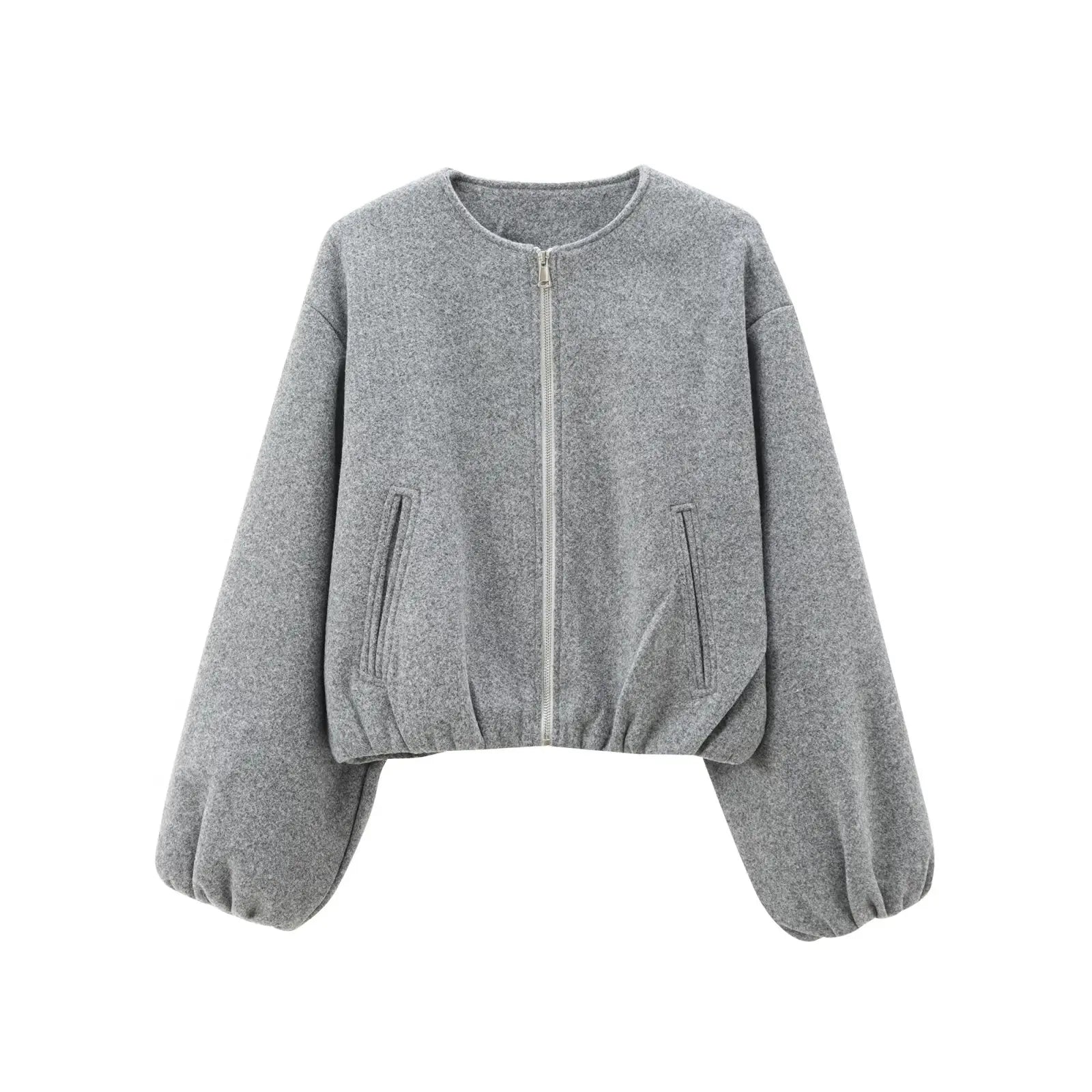 Cropped Bomber Jacket Women – Zip-Up Balloon Sleeve Loose Fit
