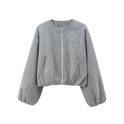 Cropped Bomber Jacket Women – Zip-Up Balloon Sleeve Loose Fit