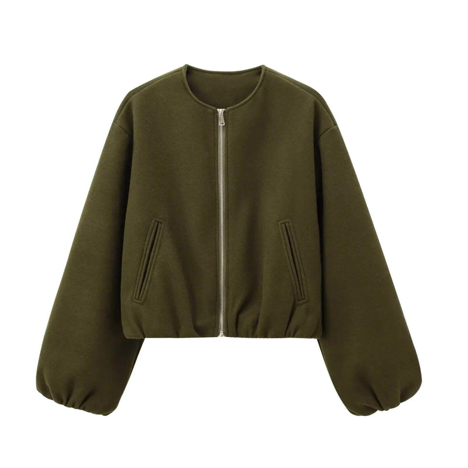 Cropped Bomber Jacket Women – Zip-Up Balloon Sleeve Loose Fit