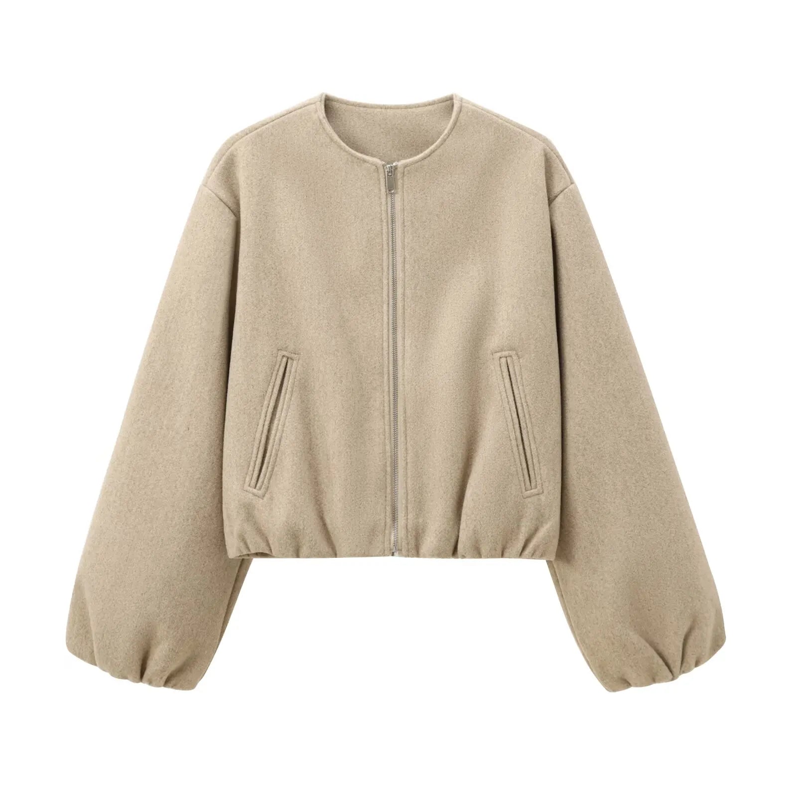 Cropped Bomber Jacket Women – Zip-Up Balloon Sleeve Loose Fit
