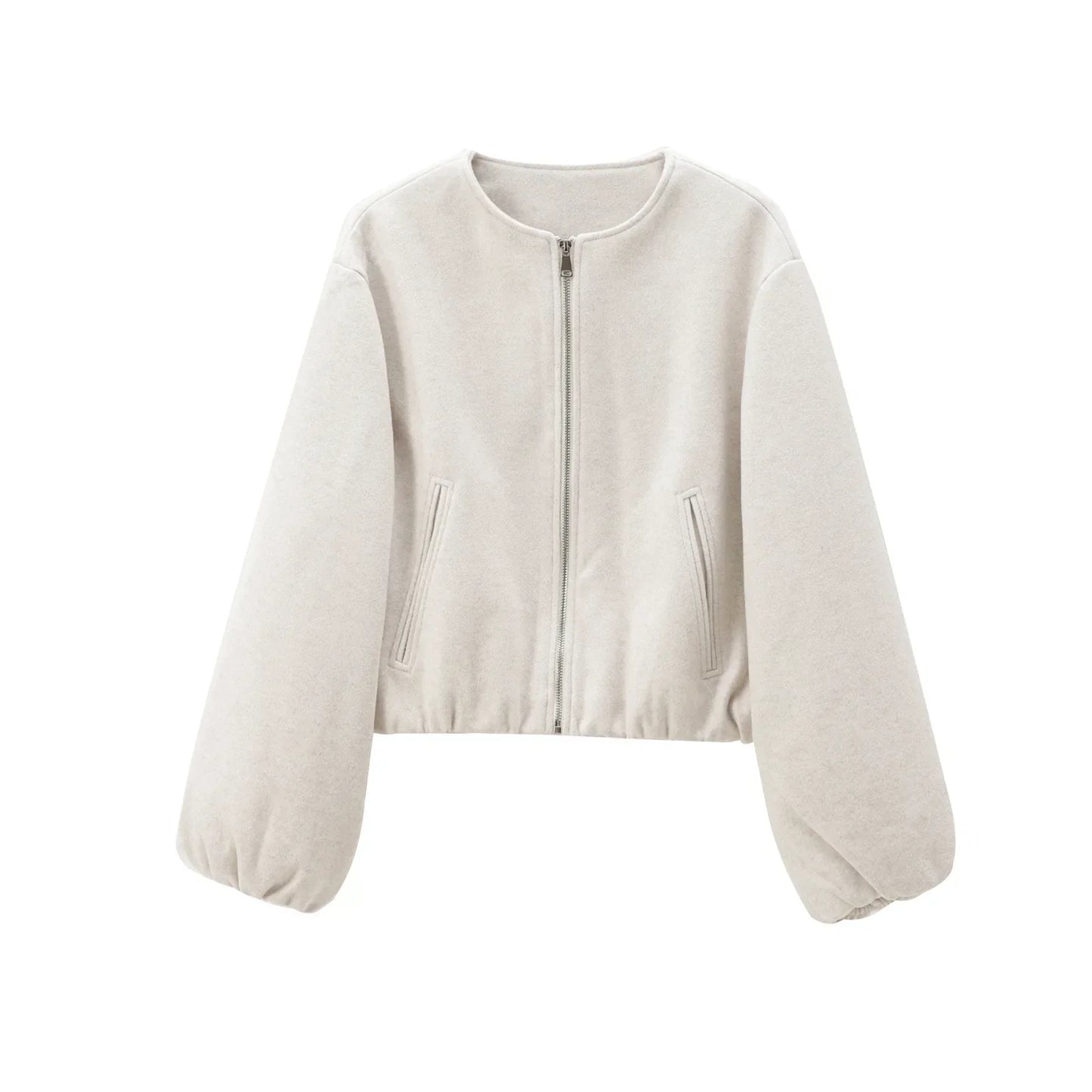 Cropped Bomber Jacket Women – Zip-Up Balloon Sleeve Loose Fit