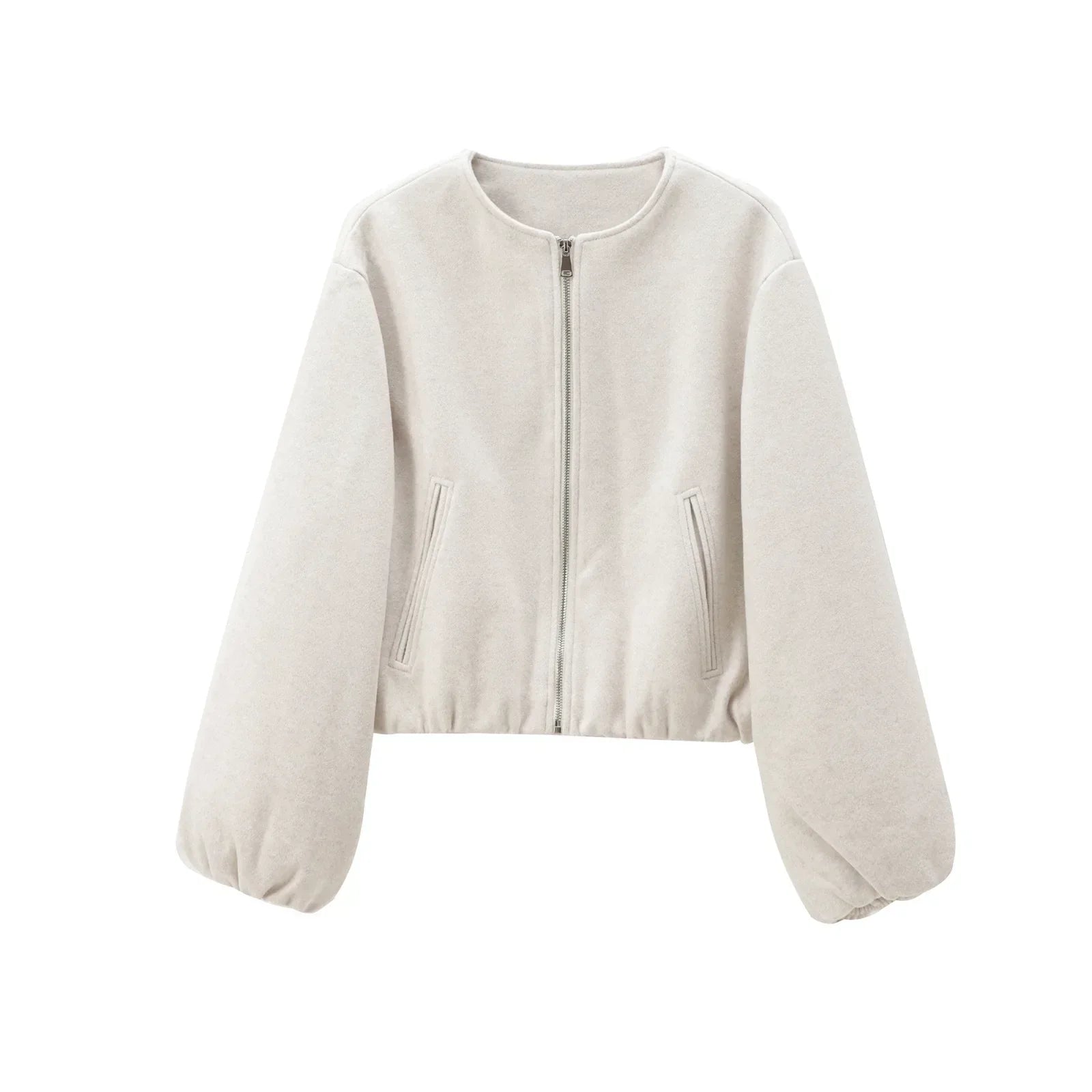 Cropped Bomber Jacket Women – Zip-Up Balloon Sleeve Loose Fit