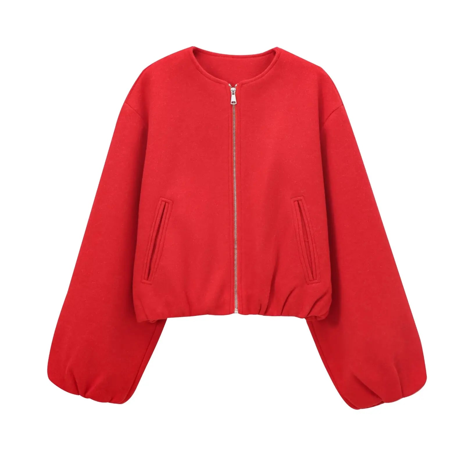 Cropped Bomber Jacket Women – Zip-Up Balloon Sleeve Loose Fit