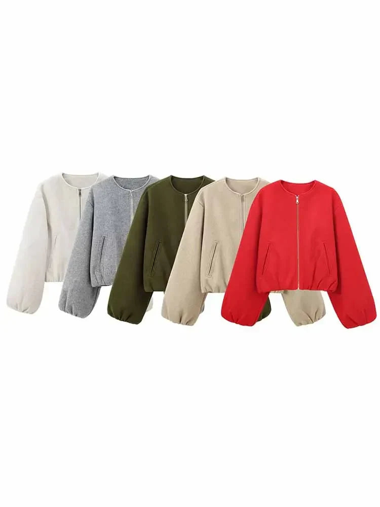 Cropped Bomber Jacket Women – Zip-Up Balloon Sleeve Loose Fit